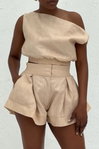Khaki Casual Solid Color Pocket Oblique Collar Two Pieces