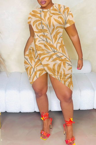 Tangerine Sexy Print Slit O Neck Irregular Dresses