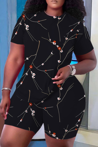 Black Casual Print Patchwork O Neck Short Sleeve Two Pieces