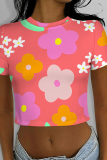 Blue Casual Print Patchwork O Neck T-Shirts