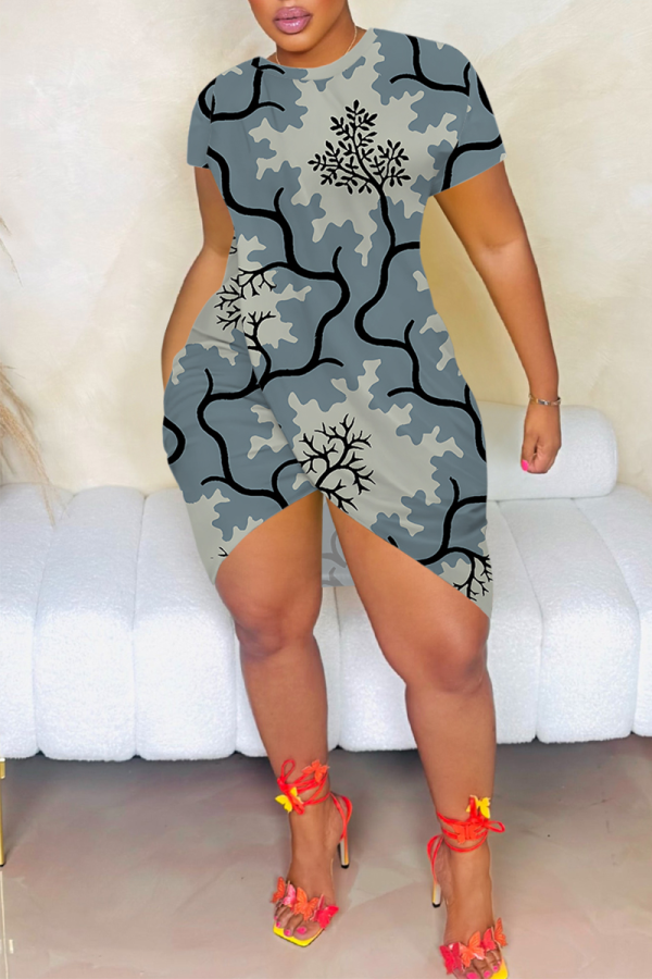Gray Blue Sexy Print Slit O Neck Irregular Dresses