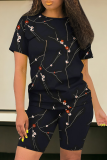 Peacock Blue Casual Print Patchwork O Neck Short Sleeve Two Pieces