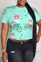 Pink Green Casual Print Patchwork O Neck T-Shirts