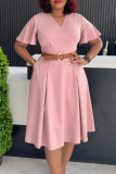 Khaki Elegant Solid Color Pocket With Belt V Neck Long Dresses