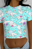 Turquoise Casual Print Patchwork O Neck T-Shirts
