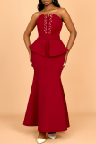 Burgundy Sexy Solid Color Slit Beading Strapless Evening Dresses