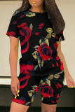 Peacock Blue Casual Print Patchwork O Neck Short Sleeve Two Pieces