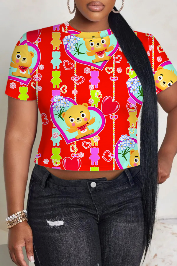 Red Casual Print Patchwork O Neck T-Shirts
