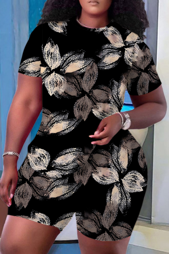 Black khaki Casual Print Patchwork O Neck Short Sleeve Two Pieces