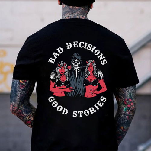 Black BAD DECISIONS GOOD STORIES PRINTED MEN'S T-SHIRT