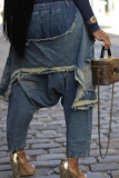 Blue Casual Street Solid Color Ripped Distressed Mid Waist Harlan Denim Jeans