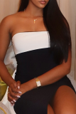 Black White Sexy Slit Contrast Strapless Long Dresses