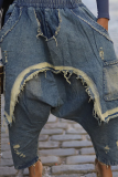Blue Casual Street Solid Color Ripped Distressed Mid Waist Harlan Denim Jeans