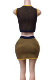 Yellow Sexy Geometric Print Contrast O Neck Sleeveless Two Pieces