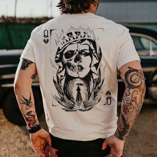 White POKER Q GLOOMY QUEEN PRINTED MEN'S T-SHIRT