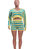 Rose Red Casual Stripe Patchwork V Neck Long Sleeve Two Pieces