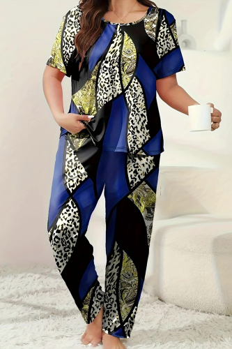 Blue Casual Print Patchwork O Neck Plus Size Two Pieces