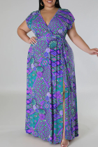Blue Sweet Print Bandage Patchwork V Neck Straight Plus Size Dresses