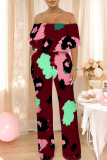 Light Purple Casual Print Off Shoulder Loose Jumpsuits