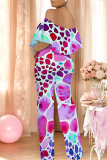 Light Purple Casual Print Off Shoulder Loose Jumpsuits