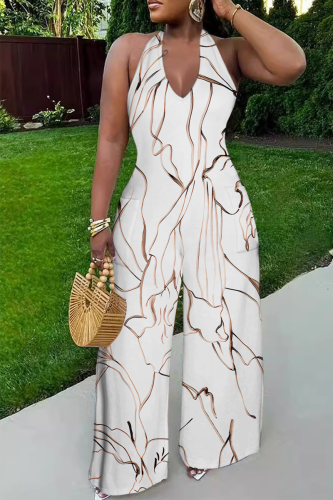 White Casual Print Backless Halter Loose Jumpsuits