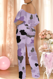 Light Purple Casual Print Off Shoulder Loose Jumpsuits