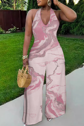 Pink Casual Print Backless Halter Loose Jumpsuits