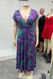 Red Sweet Print Bandage Patchwork V Neck Straight Plus Size Dresses