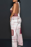 Stripe Casual Print Backless Halter Loose Jumpsuits