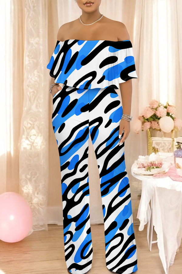 Blue White Casual Print Off Shoulder Loose Jumpsuits