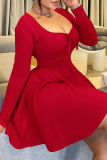 Black Sexy Solid Color Patchwork U Neck A Line Plus Size Dresses