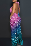 Blue Pink Casual Print Backless Halter Loose Jumpsuits