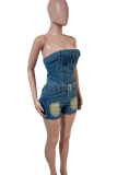 Deep Blue Sexy Solid Color Distressed Pocket Strapless Skinny Denim Jumpsuits