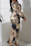 Black Apricot Casual Print Buckle Turndown Collar Long Dresses