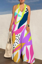 White Casual Print Backless Halter Loose Jumpsuits