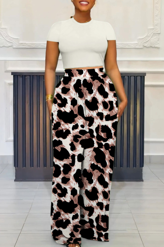 Apricot Casual Print Pocket O Neck Short Sleeve Two Pieces