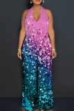 Blue Pink Casual Print Backless Halter Loose Jumpsuits