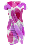 Pink Sexy Print Slit O Neck Wrapped Skirt Dresses