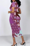 Rose Red Elegant Print Patchwork Wrapped Skirt Dresses