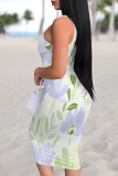 Turquoise Sexy Print Patchwork U Neck Wrapped Skirt Dresses
