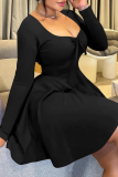 Black Sexy Solid Color Patchwork U Neck A Line Plus Size Dresses