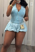 Sky Blue Casual Solid Color Patchwork V Neck Regular Rompers