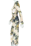 Black Apricot Casual Print Buckle Turndown Collar Long Dresses