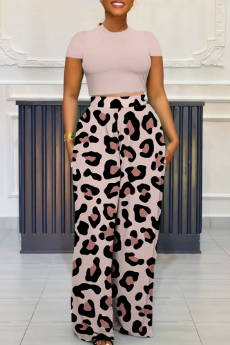 Light Pink Casual Print Pocket O Neck Short Sleeve Two Pieces