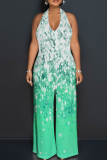 Blue Pink Casual Print Backless Halter Loose Jumpsuits