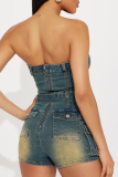 Deep Blue Sexy Solid Color Distressed Pocket Strapless Skinny Denim Jumpsuits