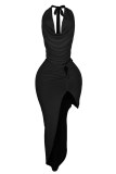 Black Sexy Solid Color Backless Strap Design Halter Sleeveless Two Pieces