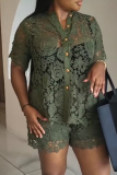 Army Green Sexy Solid Color Lace See-Through Turndown Collar Short Sleeve Two Pieces