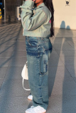 Blue Casual Solid Color Patchwork Mid Waist Loose Denim Jeans