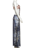 Blue Sexy Print Hollow Out High Slit Strapless Long Dresses